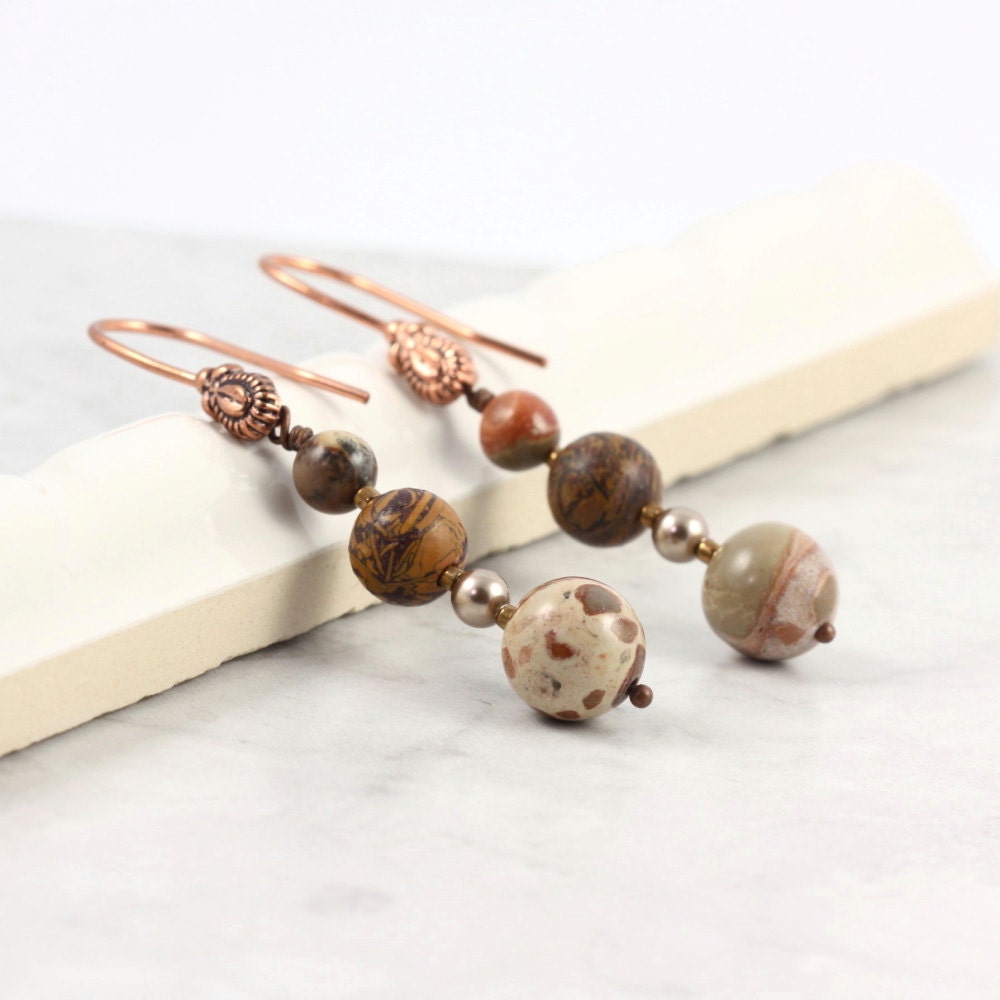 Fall Fashion Jewelry Earrings Safari Jasper Brown Earth Tones Woodland Rustic Bronze