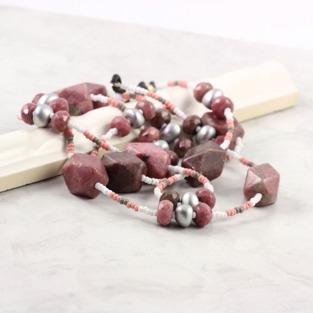 Pink Gray Eyeglass Holder Mauve Rhodonite Gemstone Beaded Office Fashion Chunky