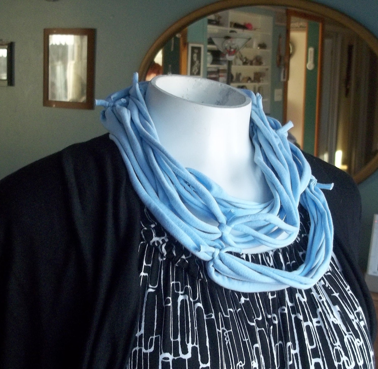 Baby blue upcycle t-shirt scarf infinity fabric necklace eco-friendly