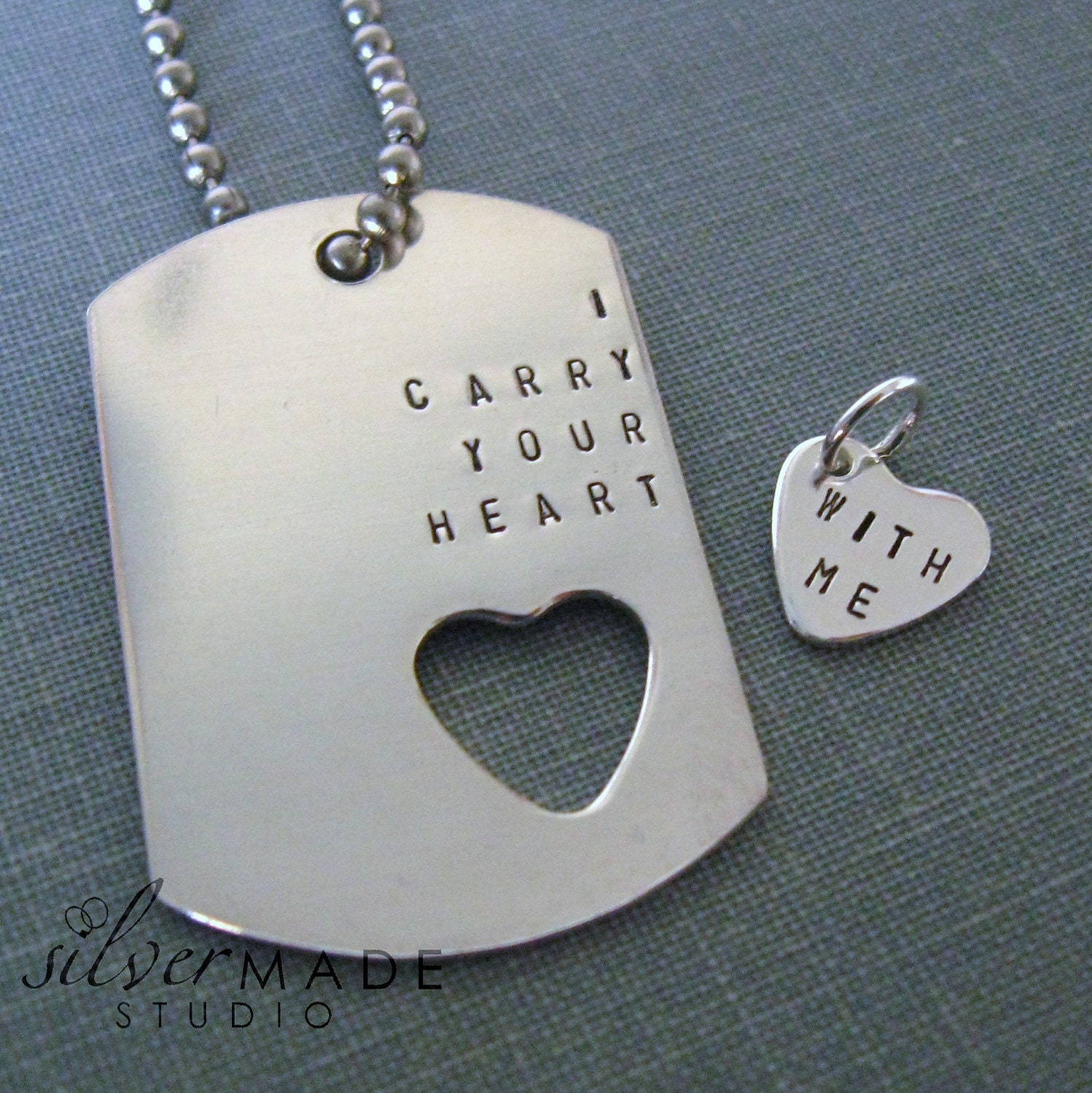 RESERVED. I Carry Your Heart dog tag  and sterling silver heart charm