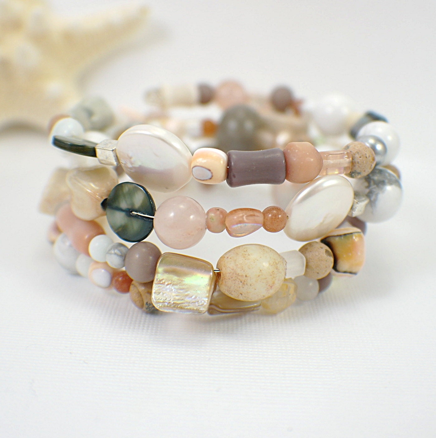 Capstone memory wire bracelet satiny neutrals wide cuff beaded multi