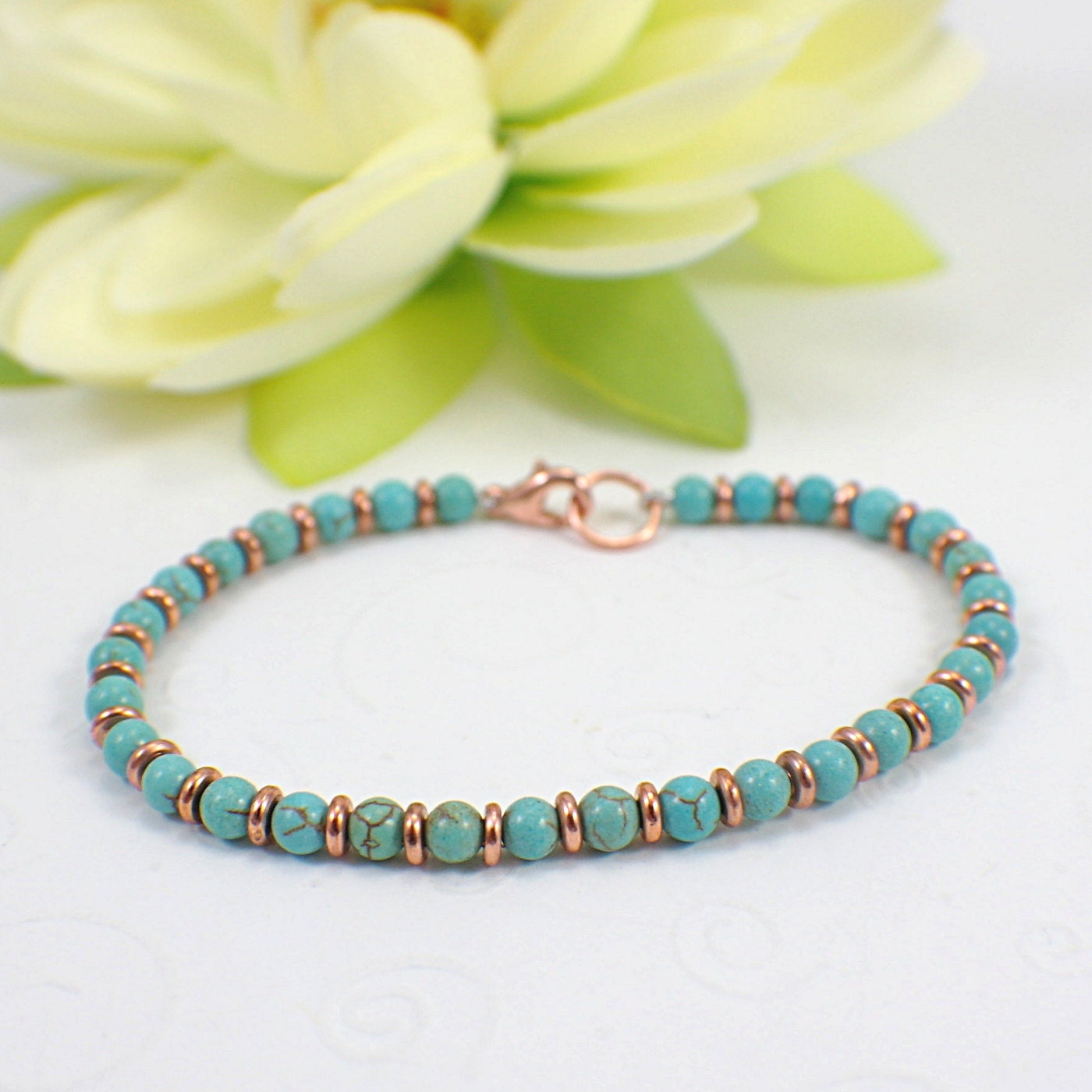 Slender turquoise magnesite copper bracelet gemstone beaded jewelry