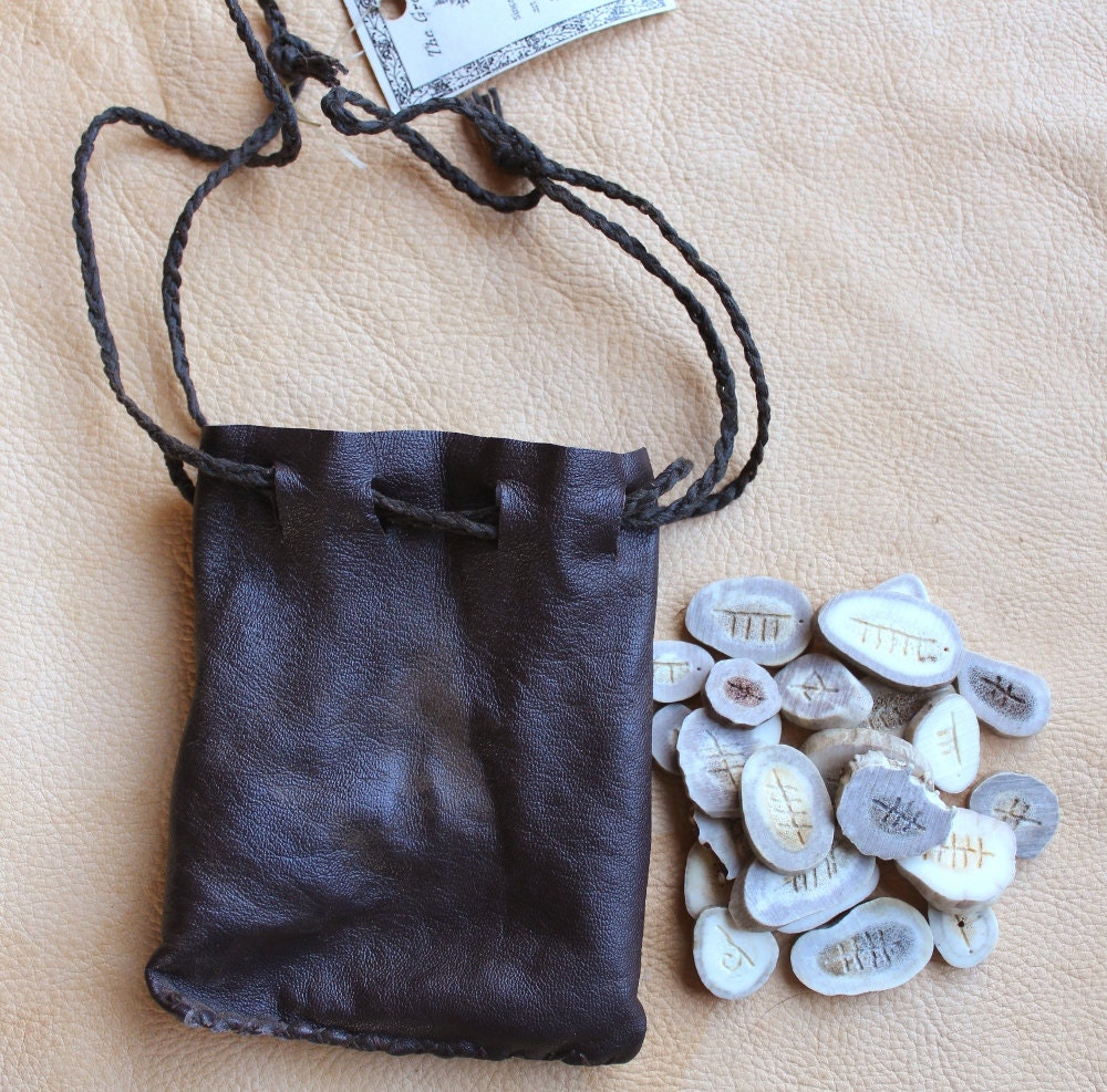 Whitetail deer antler Celtic ogam divination set with brown leather pouch - ready to ship NOW