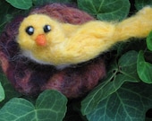 Yellow Needle Felted Mama Bird on a Nest with Eggs