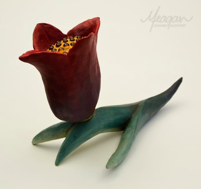 Mixed Media Sculpture - inspired by nature, abstract, red, green, and yellow-orange, (by Meagan Chaney Gumpert)