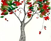 Holiday Collection, Cranberry and Green Tree, ORIGINAL 5 x 7, watercolor and ink