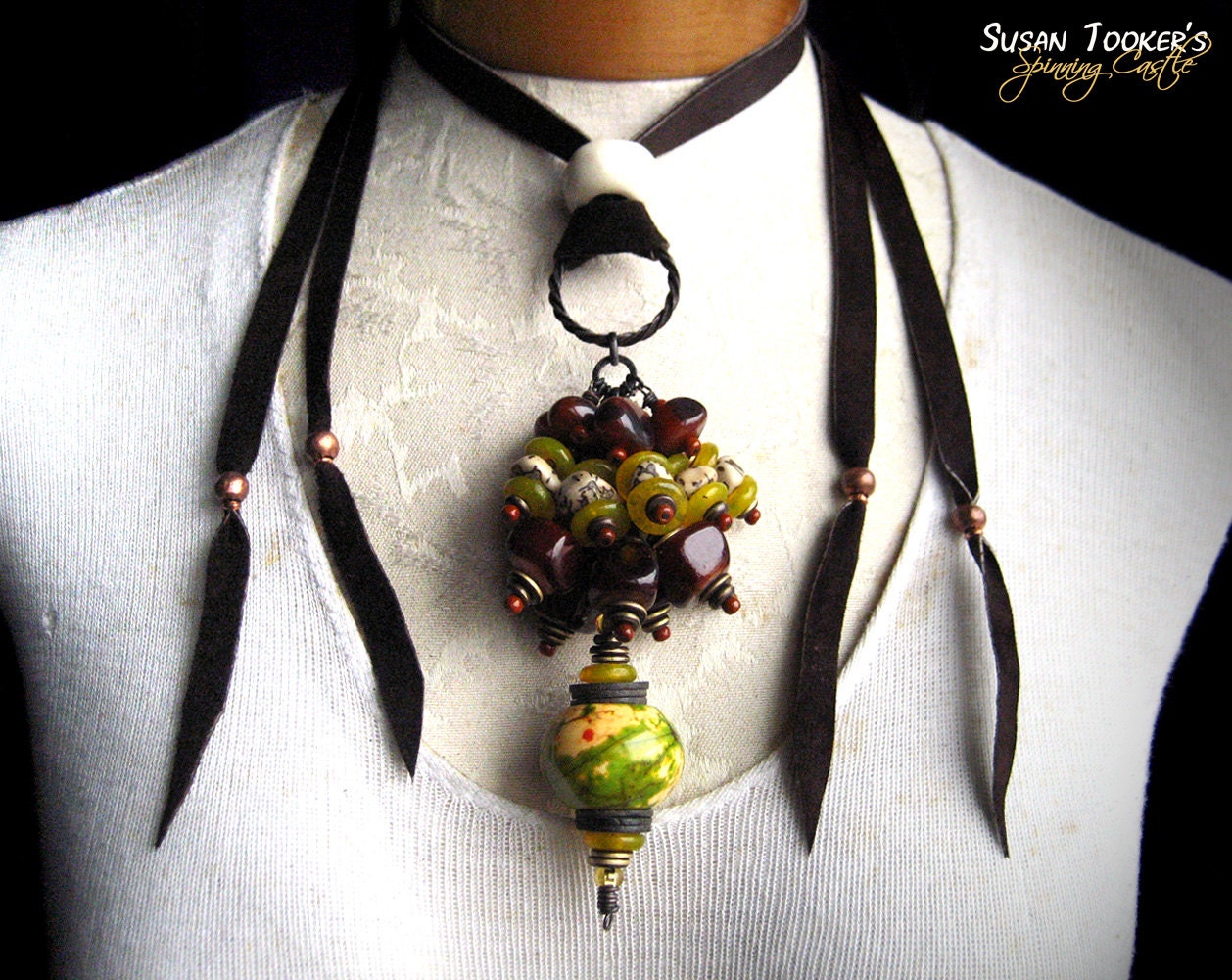Green Turquoise Tribal Amulet Necklace Agate Yellow African Glass Pagan Ritual Pendant EARTH SPIRIT by Spinning Castle