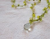 Chardonnay Drop Lariat necklace with prehenite closure, crocheted with green drops and bright green cord