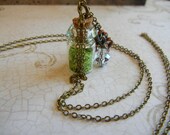 Brass Jewelry, Assembled Jewelry, Green Grass Necklace, Fairy Vial Necklace, Long Brass Necklace, Charm Collection Necklace