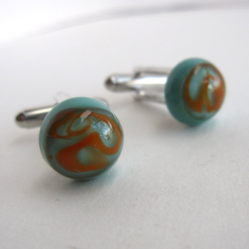Turquoise and Orange Lampwork Glass Protozoan Cufflinks