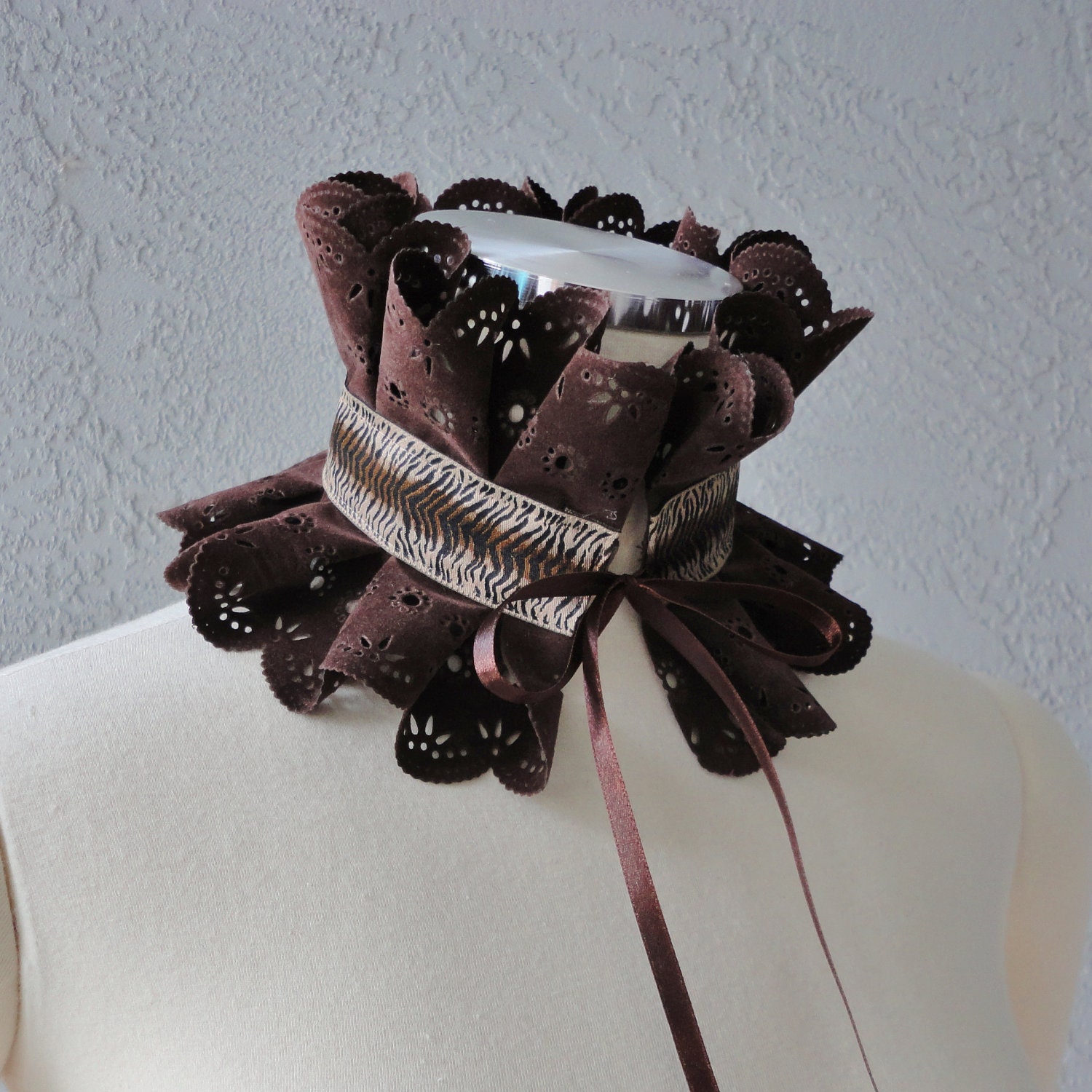 Victorian Inspired Dark Brown Faux Suede And  Ribbon Ruffle Collar Necklace Cowl Statement Piece