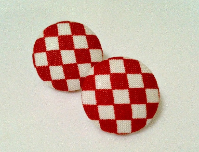 red checkered - fabric button earrings