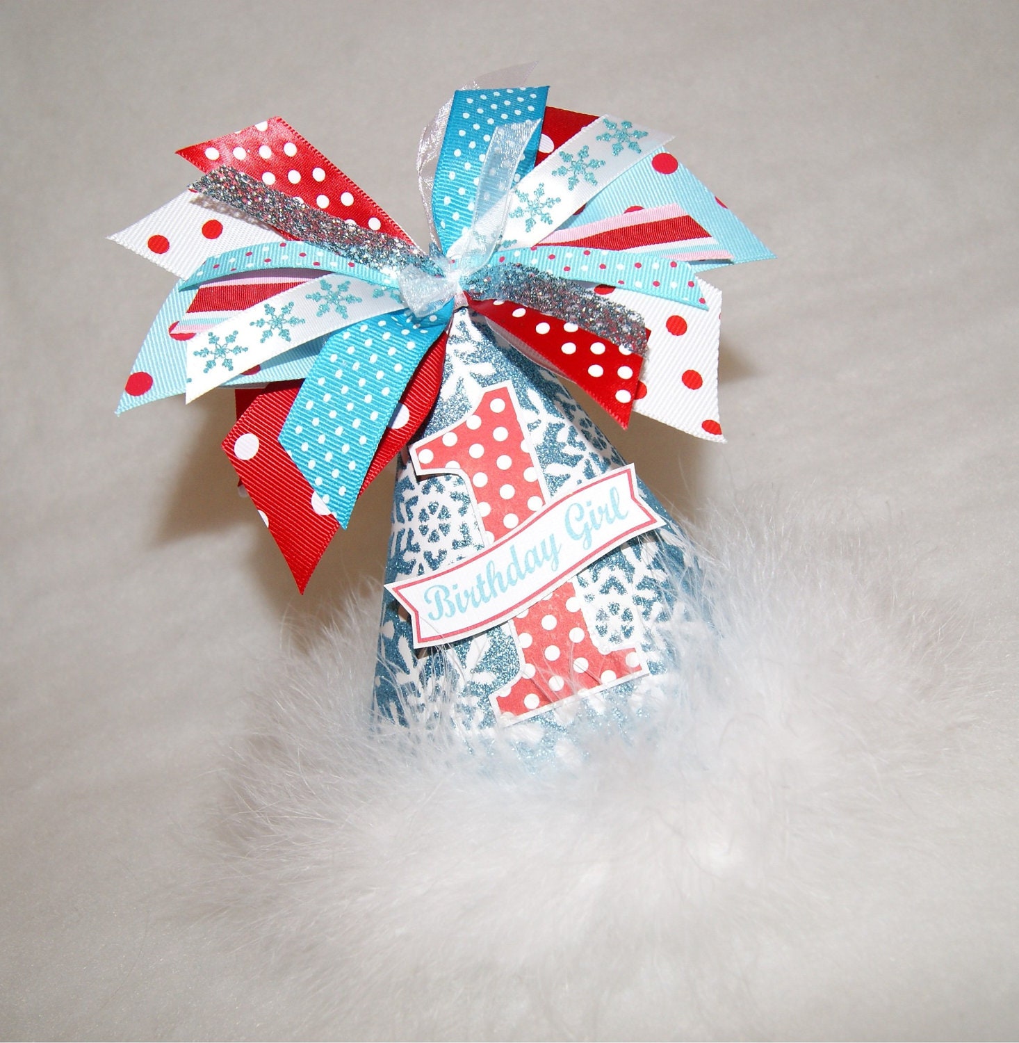 Red and Aqua Sparkly Winter Onederland Snowflake Party Hat