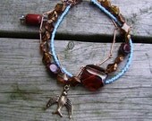 Three Strand Bracelet Copper Turquoise Amber Glass Charm Boho