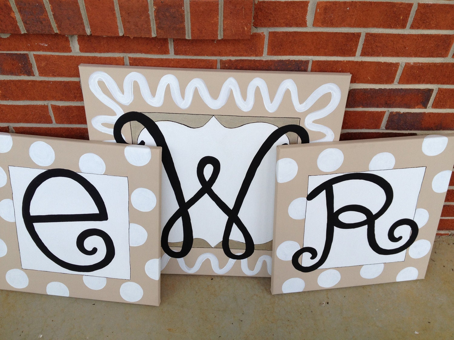 initial canvas art - set of 3 - quatrefoil, squiggles, and polka dots