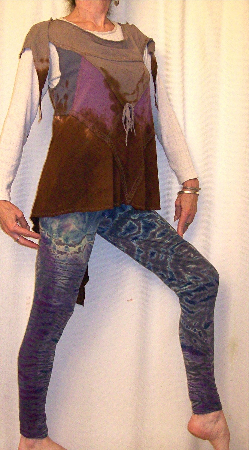 SALE Shibori Leggings Artfully Hand Dyed in Purple, Blue & Grey/Black, cotton w lycra, 28-35" waist size Large Womens