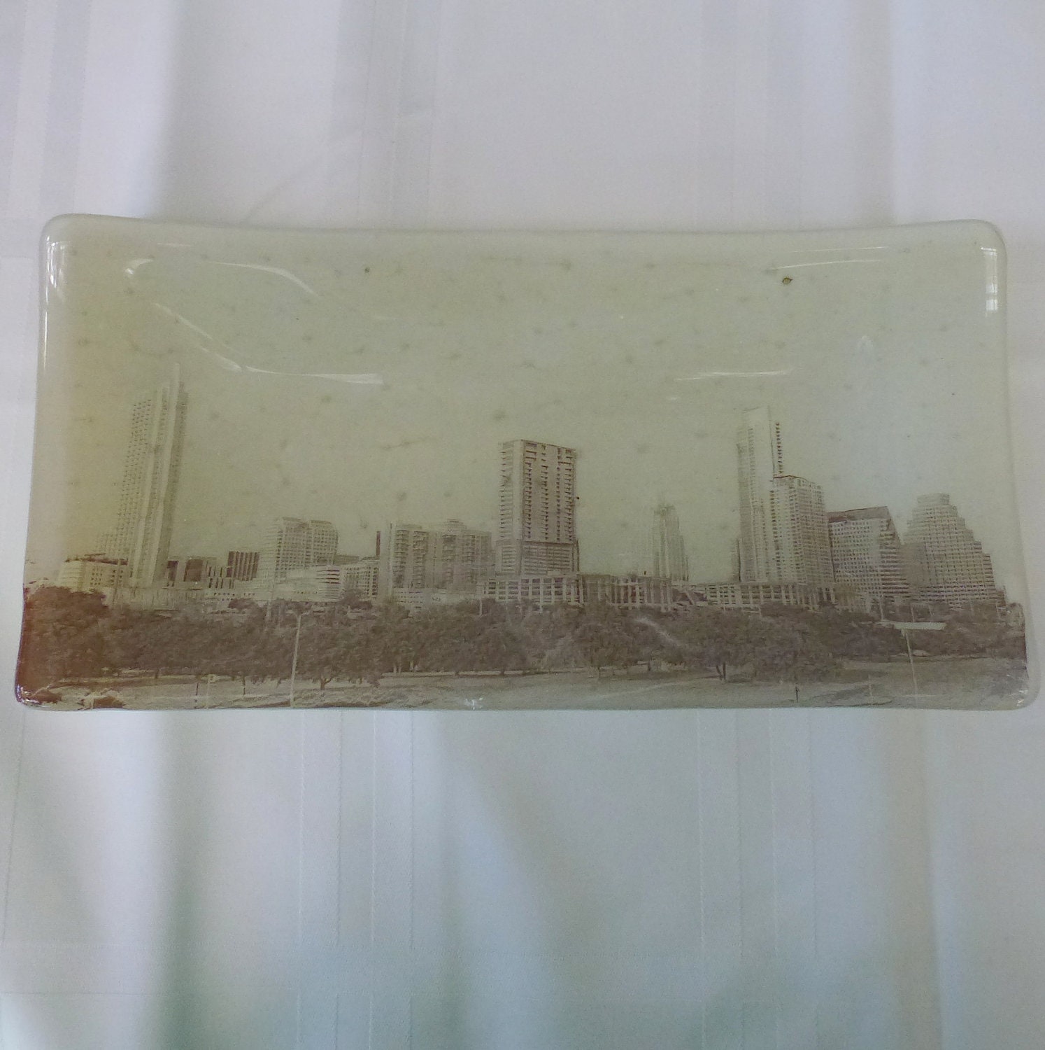 Austin skyline photo fused glass plate - Austin Texas- fused glass plate  - neutral, photograph plate 5" x 10"