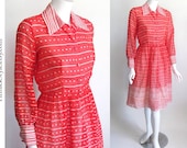 SALE Mod Red Shirt Dress, Vintage 1960s Style, Dot and Stripes, Retro Mad Men era, Small size, 27.5 W - pintuckstyle