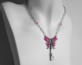 Pink Art Nouveau butterfly key necklace Swarovski