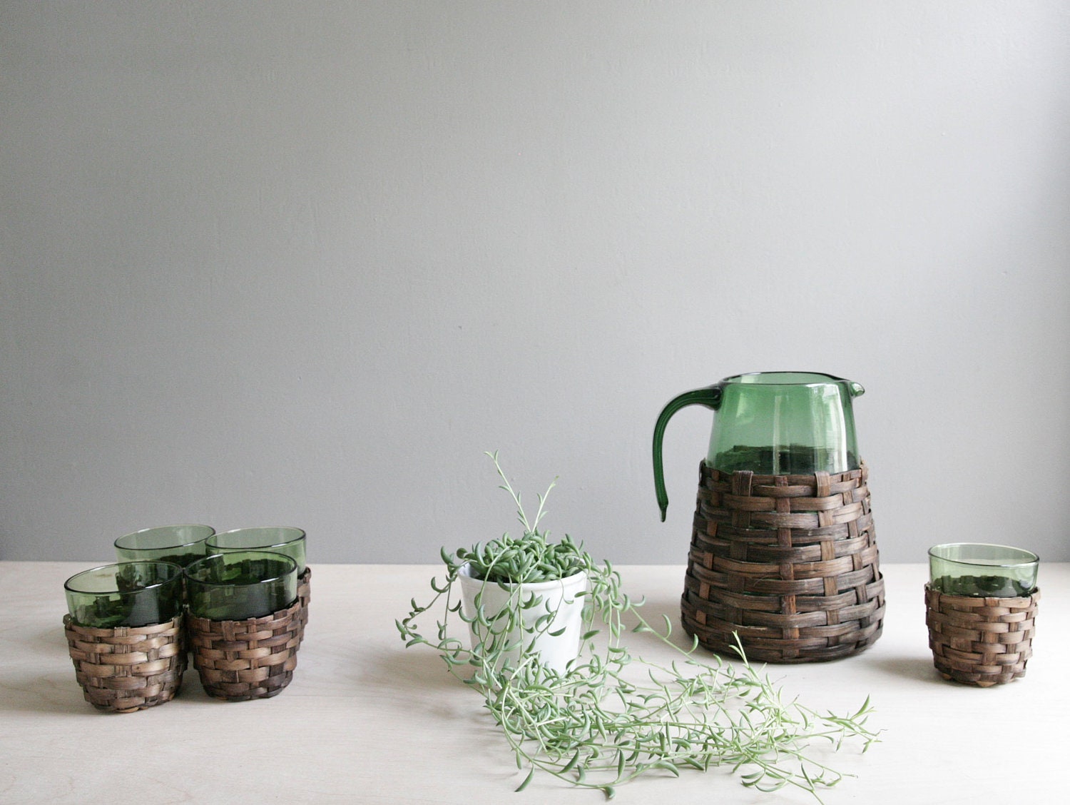 glass & rattan pitcher and glasses set