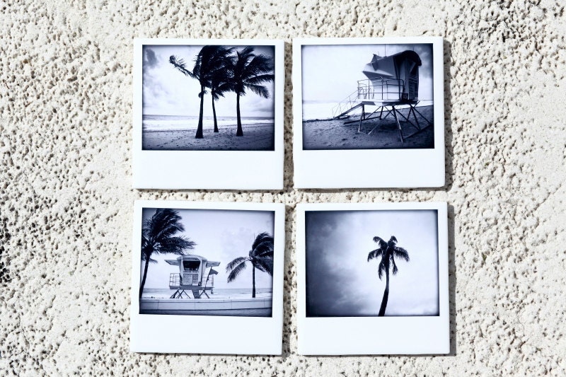 Beach Coasters Polaroid Style Ceramic, Lifeguard, Palm Trees  Set of 4 Black and White Photography - PIXELGRINphotography
