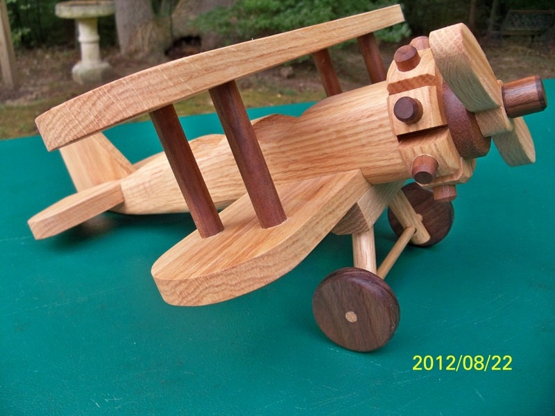 Wooden Handmade toys Large Airplane Biplane Red  Oak & Walnut hand finished with all natural Beeswax