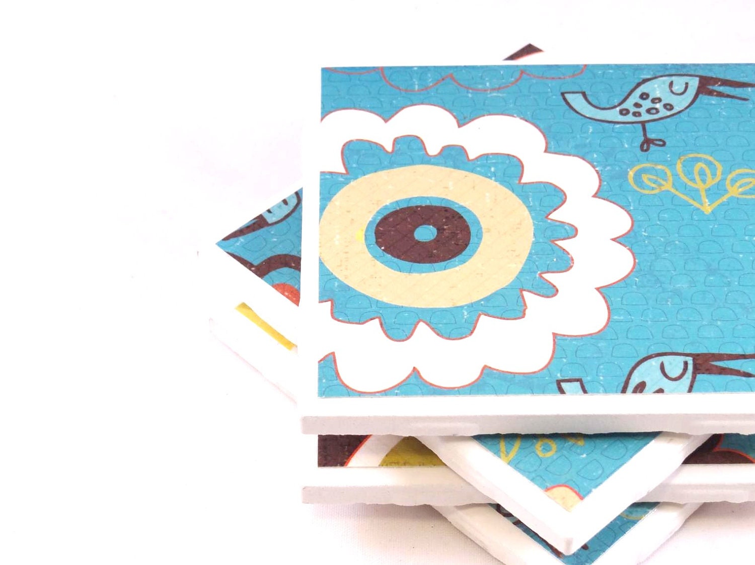 Coaster Set - Bright Blue, Yellow and White - Set of 4 Ceramic Tile Coasters