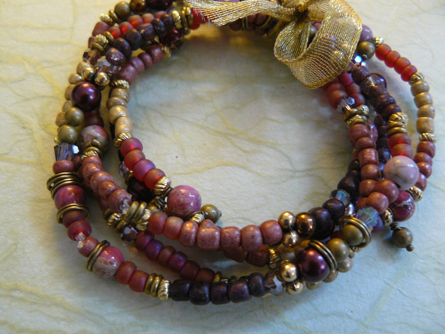 Mother's Day - Multi Strand Bracelet, Pink, Gold, Purple, Plum
