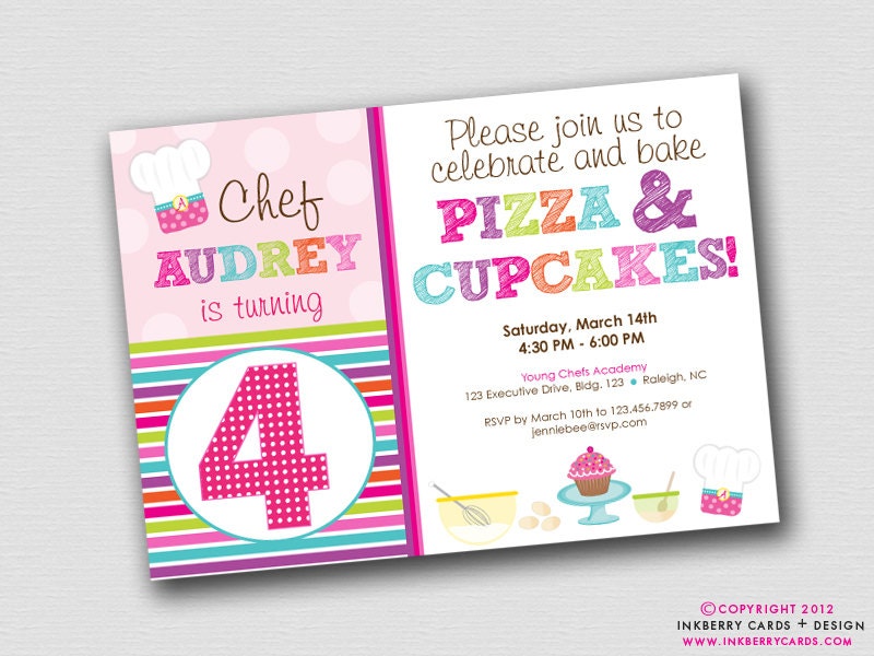 Pizza and Cupcakes - Little Chefs Baking Birthday Party Invitation (Digital File - Printed Cards Also Available)