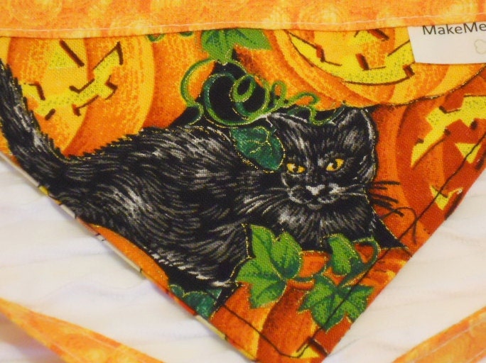 Autumn Dog Bandana with Black Cat & Pumpkins in XS Tie Style Dog Bandana