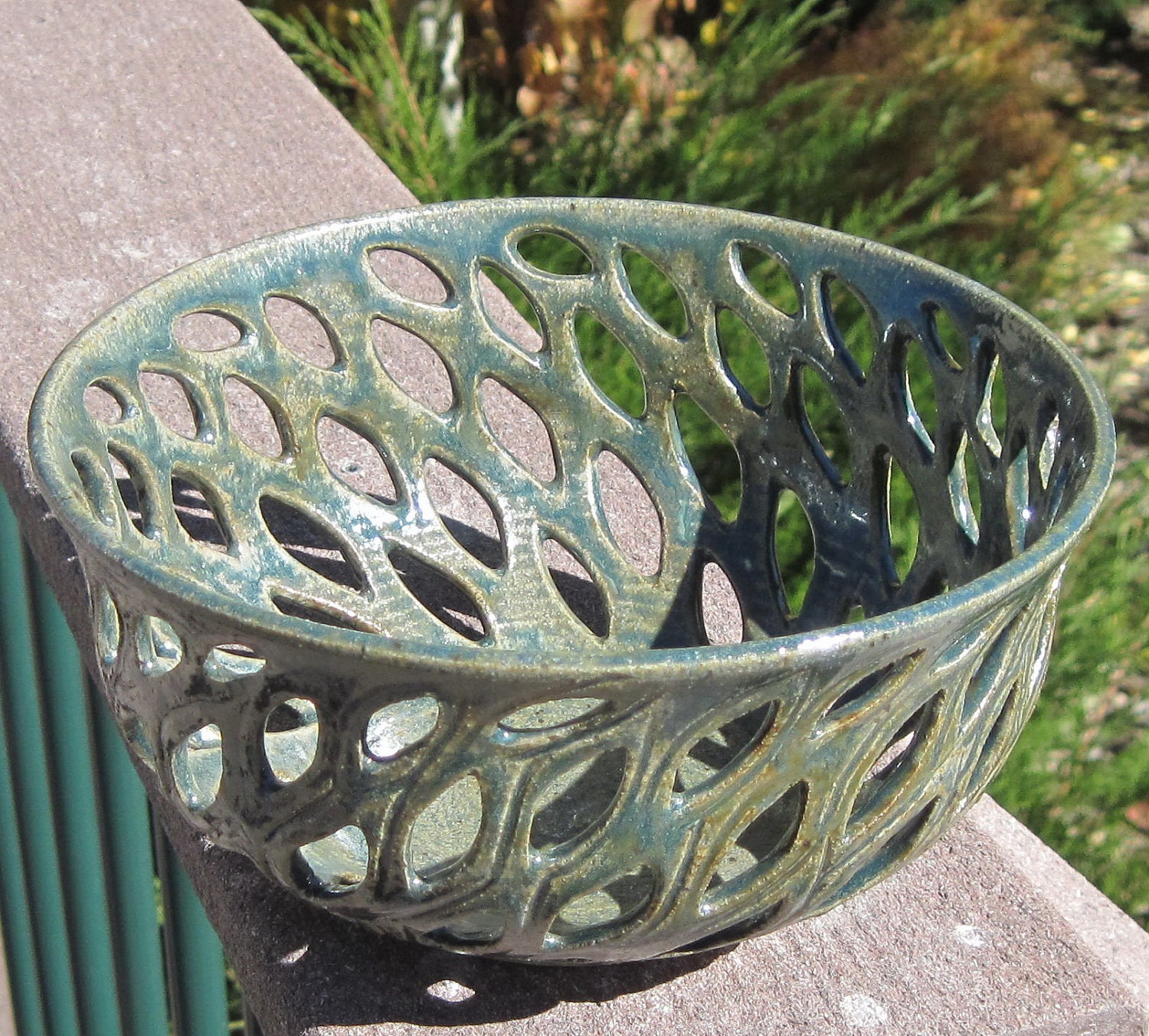 Handcarved Bowl in Green with Falling Leaves - See shop for more OOAK pottery