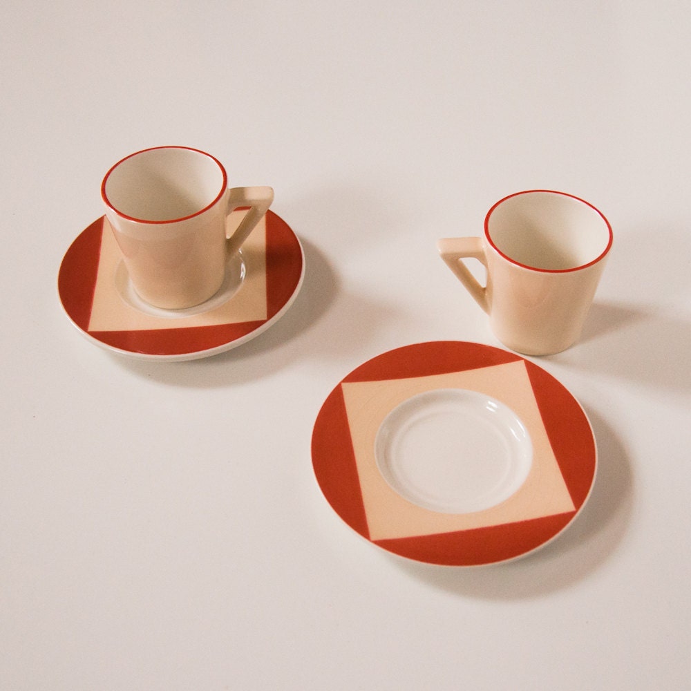 Vintage Orange and Cream Modern Geometric Espresso Cups and Saucers Made In Italy