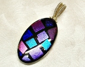 Blue & Purple Dichroic Art Glass Wire Wrapped Pendant
