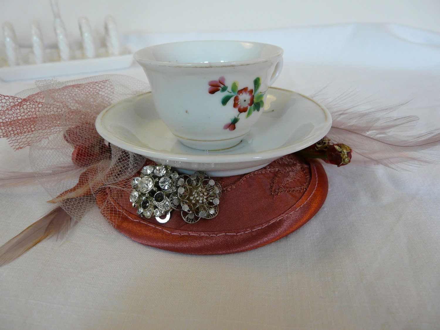 Tea Party Fascinators - Small China Teacup and Saucer Fascinator - Hat