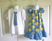 Brother Sister Matching Outfits - Girls Peasant Dress Boys Tie Onesie or Boys Tie Tshirt - Buttercups Laurel Dots - Soul Blossoms Collection