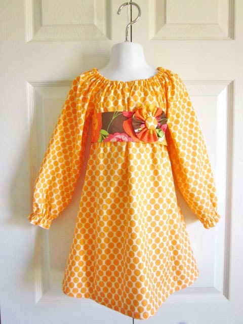 Modern Peasant Dress with Sash and Flower Clip - 3 mos to size 8 - Tangerine Dot Floral