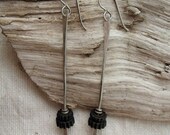 Long Black Bead earrings, African bead and silver earrings, dangly silver earrings