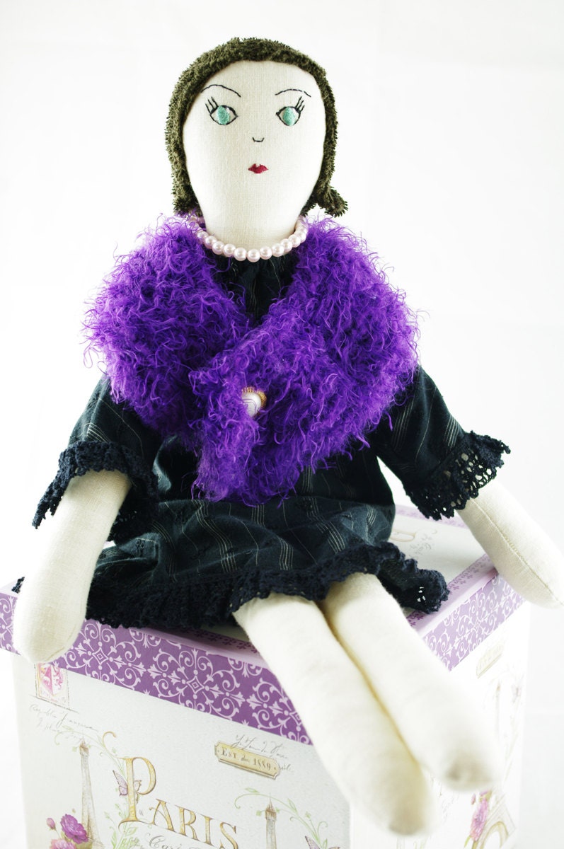 Vegan Cloth Rag Doll, Veronica, Brown Hair, Pale Green Eyes, 19 inches, OOAK, Vintage Upcycled Fabrics, Handmade in Australia