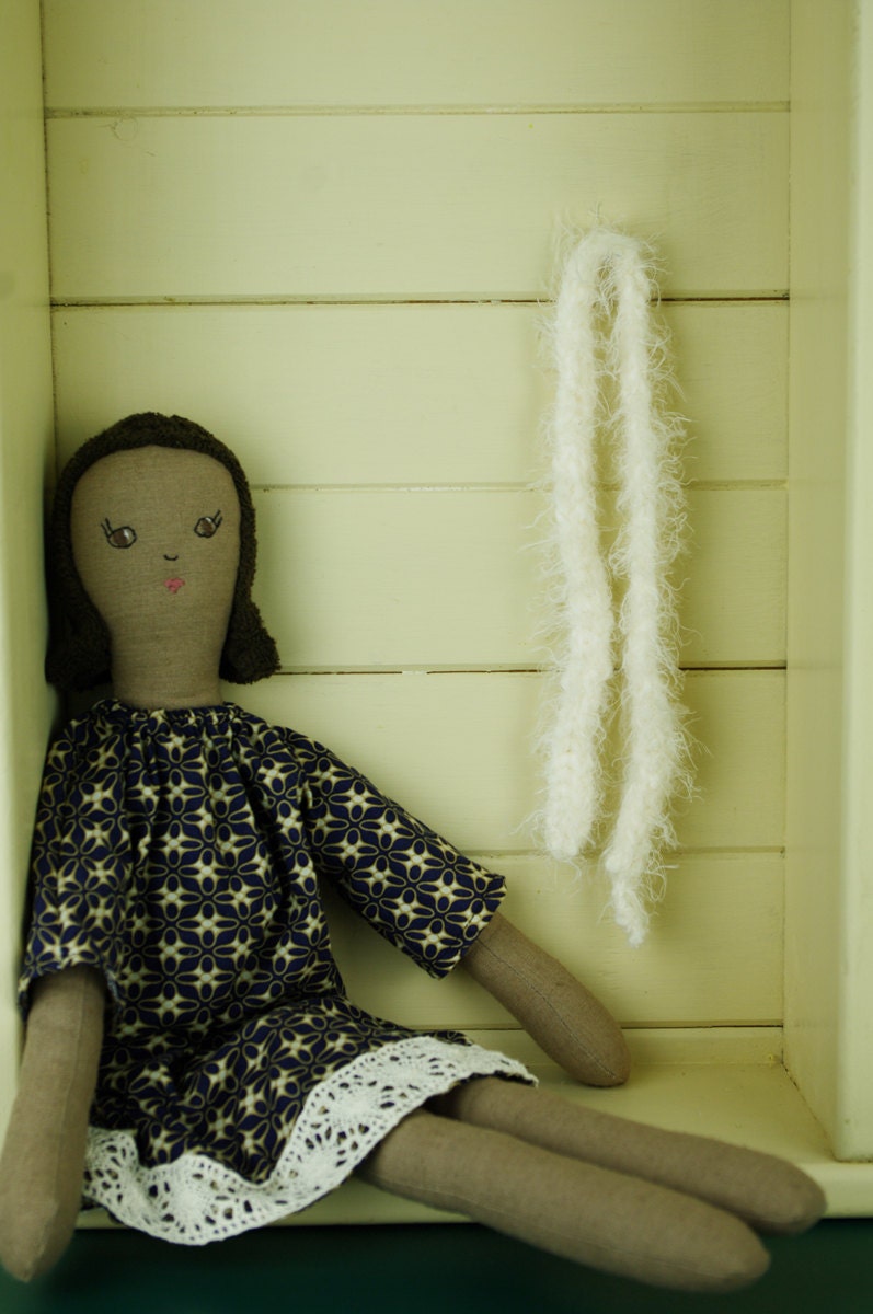 Vintage Upcycled Fabrics, Vegan Cloth Rag Doll, Francesca, Brown Haired, Brown Eyed, 19 inches, OOAK,  Handmade in Australia