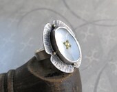 RING sterling silver hammered floret with oval button 18k gold dots