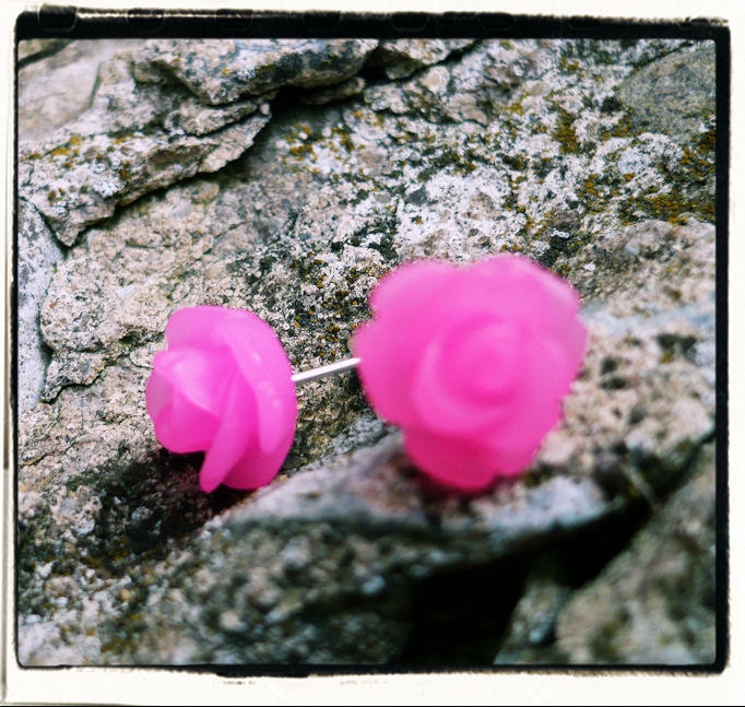 NEW Lil Frosted Neon Pink Rose Flower Stud Earrings