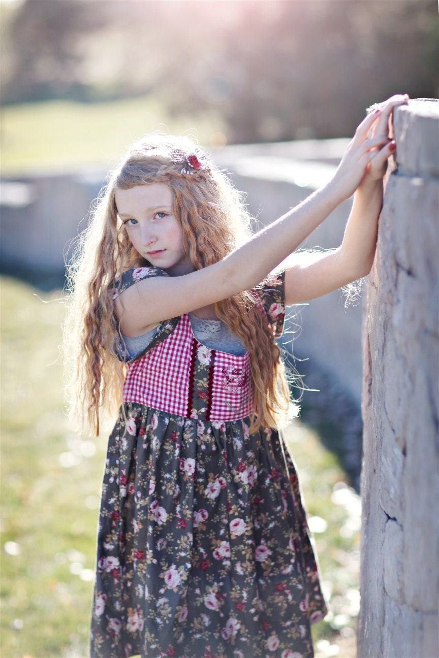 Girls GREY GARDEN Dress with Cross Stitch Rose and Velvet Ric Rac... Sizes 2t through 14
