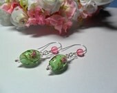 Diva Drops -Lampwork Glass Soft Pink Roses on Mint Green Glass Earrings with Pink Accents