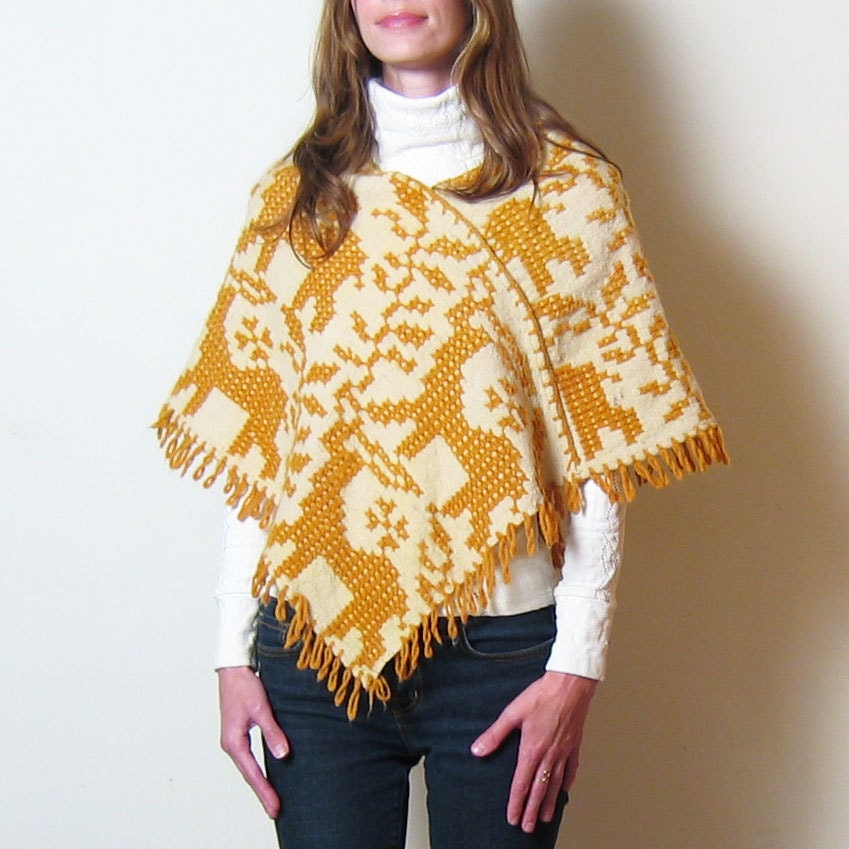 20% OFF SALE //  1970s mustard yellow knit deer poncho