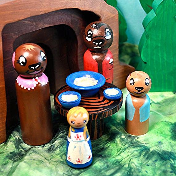 Handmade Wooden Toy - Wooden Peg Dolls,  Goldilocks and The Three Bears Playset  -  Waldorf Toys