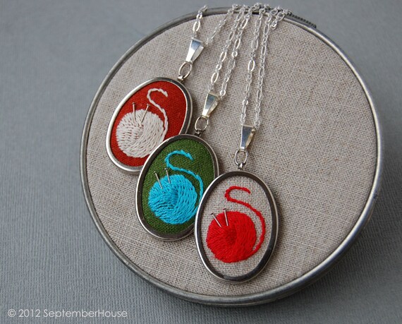 Knitting Necklace Hand Embroidered Pendant with Miniature Yarn and Knitting Needles, Choose Your Colors, Made To Order