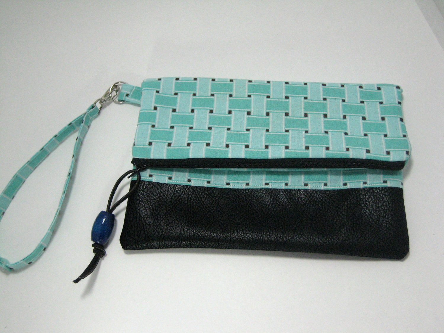 Fold Over Clutch - Vegan Black Leather - Linen Aqua Clutch - Clutch - Black and Aqua Clutch with wrist strap