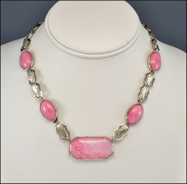Czech Glass Silver Art Deco Necklace Star Sapphire Art Deco Jewelry Vintage 1930s Pink