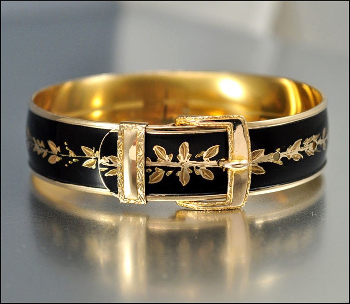 Art Deco Bracelet Gold Bangle Enamel Belt Buckle 12K Fill Victorian Rev Vintage 1930s Jewelry