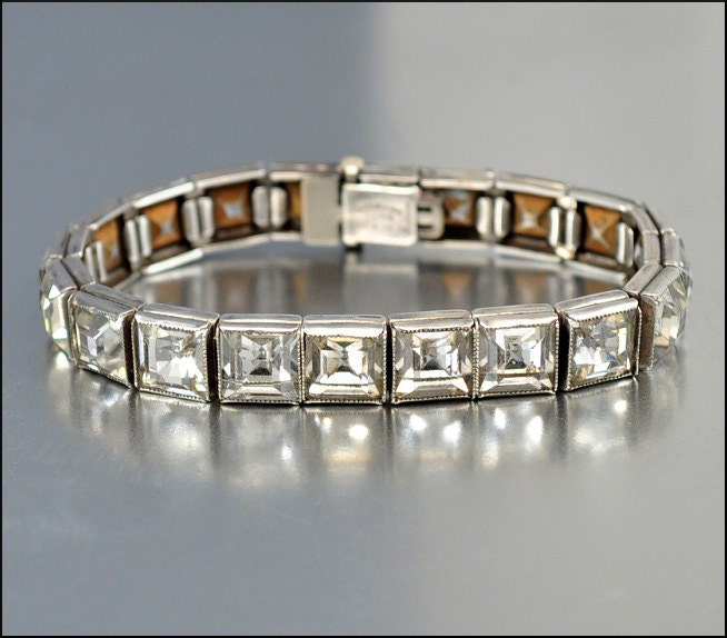 Art Deco Bracelet Sterling Silver Crystal Rhinestone Diamante 1920s Vintage Wedding Jewelry